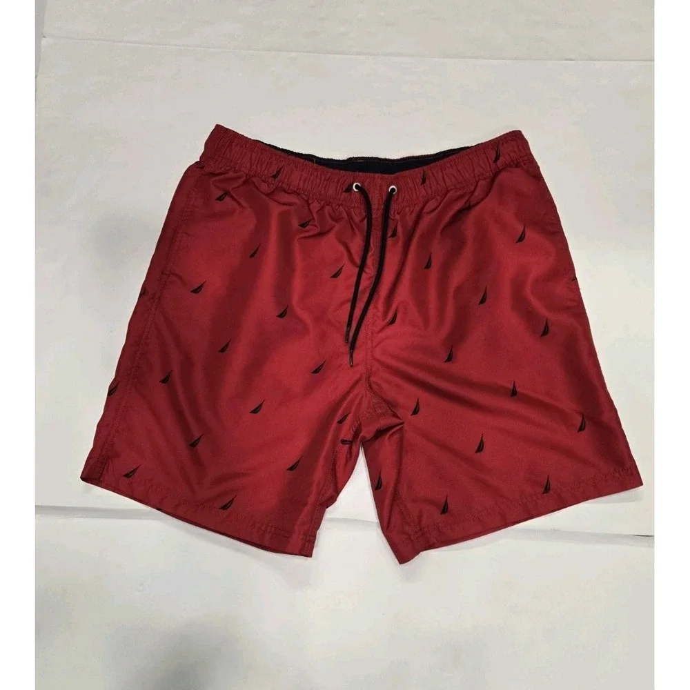 Nautica‎ Men's Red Sailboat Print Swim Trunks Size L Elastic Drawstring